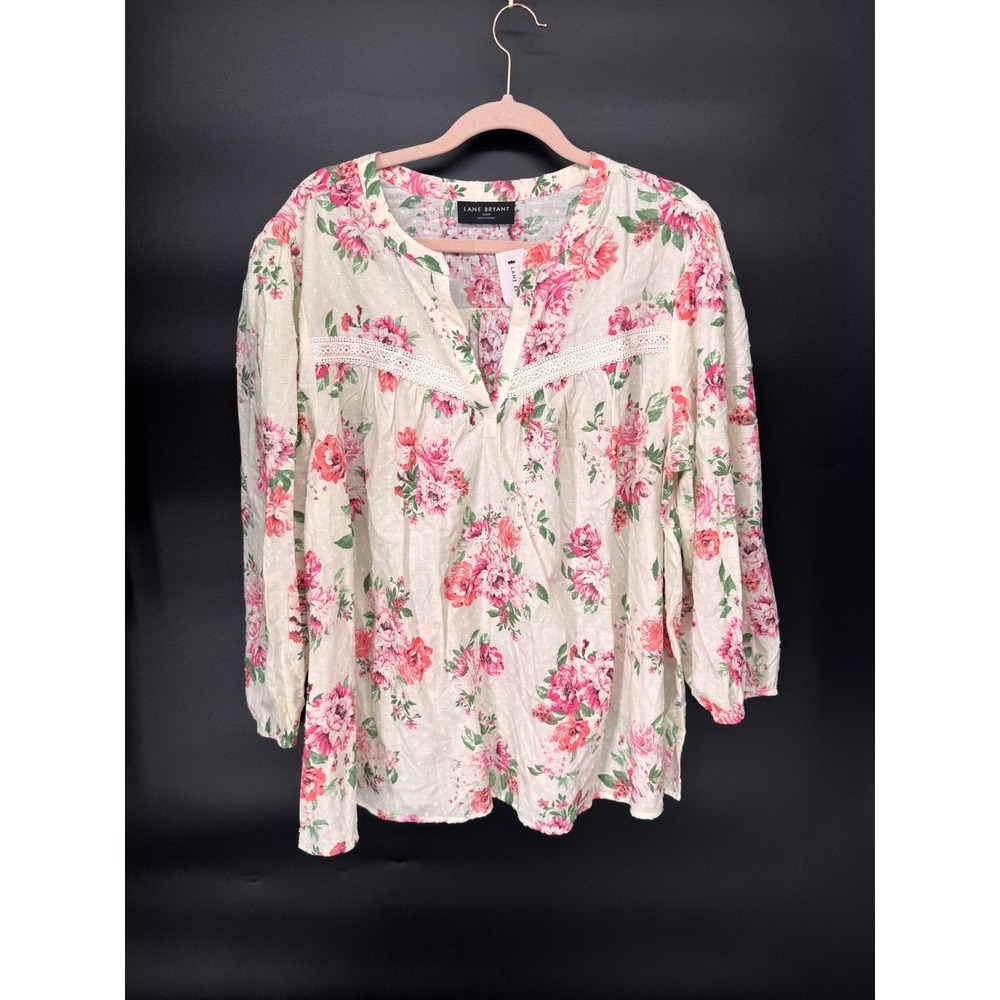 Lane Bryant Blouse Women 22/24 Pink NWT Floral Swiss Dot Crochet Lace Split Neck